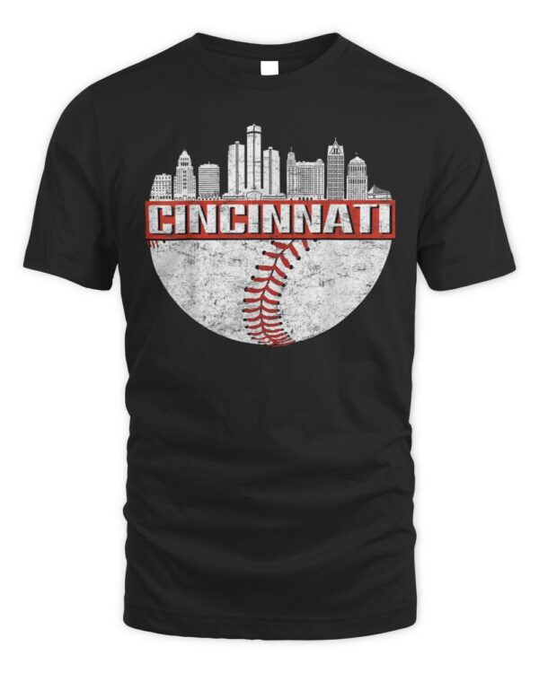 Vintage Cincinnati Cityscape Baseball Lover Men Women Kids T-Shirt